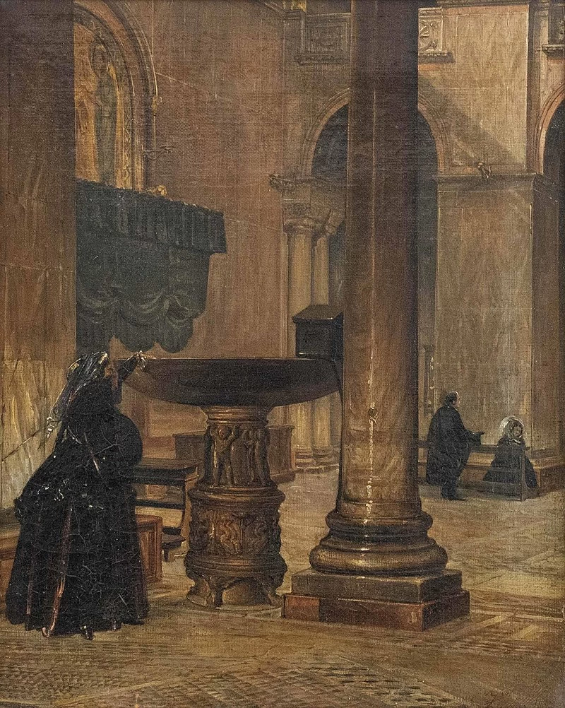 Chiesa veneziana con dama all'acquasantiera